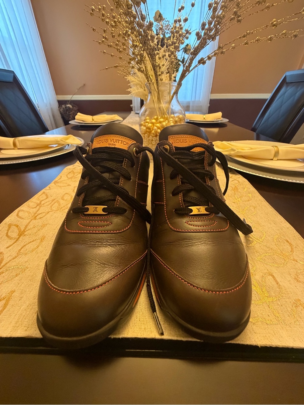 Louis Vuitton Brown Leather Men's Sneakers with Orange Stitching